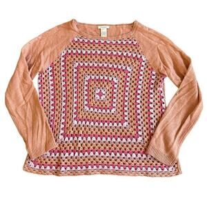 Women’s Sundance Granny Square Crochet Sweater Cottage Orange Wool Alpaca Medium